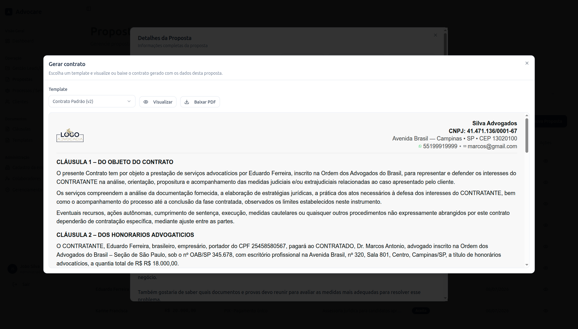 Geração de contrato no Advocare — template, visualização e download do documento com dados da proposta